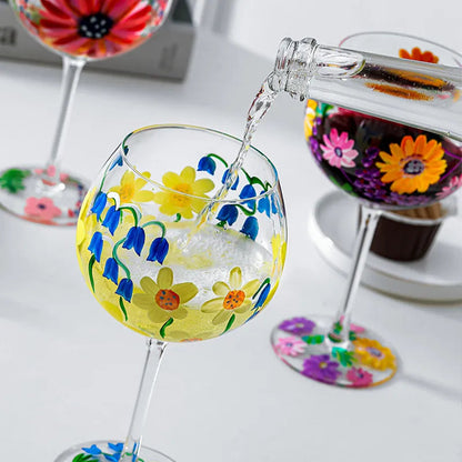 Nordic Colored Glass Wine Glasses Creative Hand-Painted Flowers Wine Glass Household Painted Goblet Crystal Champagne Drinkware