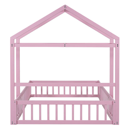 Wooden Full Size Children's Bed with Detachable Headboard and Integrated Clothes Drying Rack, Pink