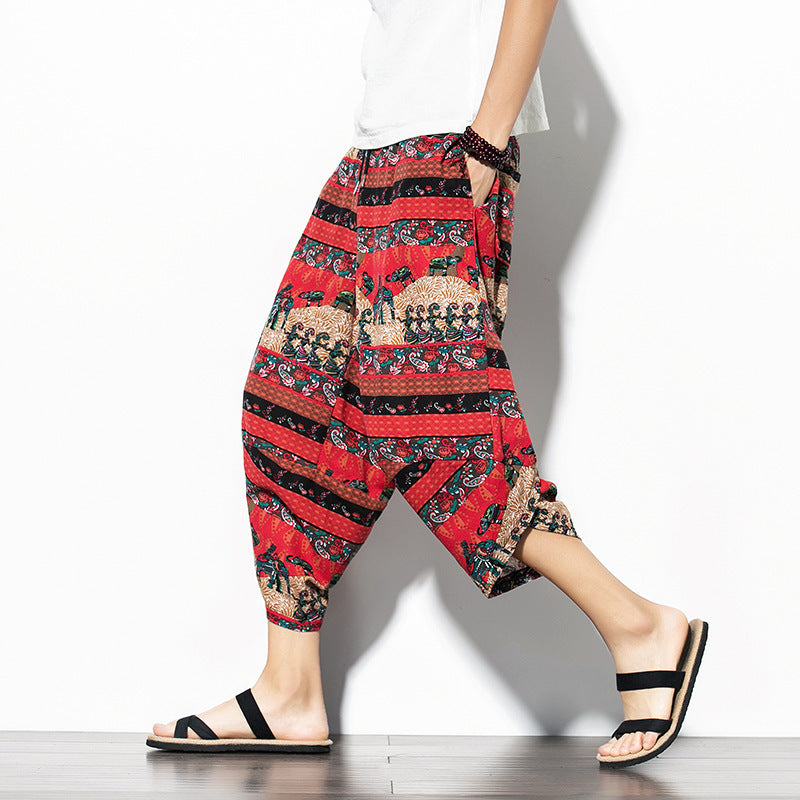 Printed Baggy Cotton Linen Cropped Pants