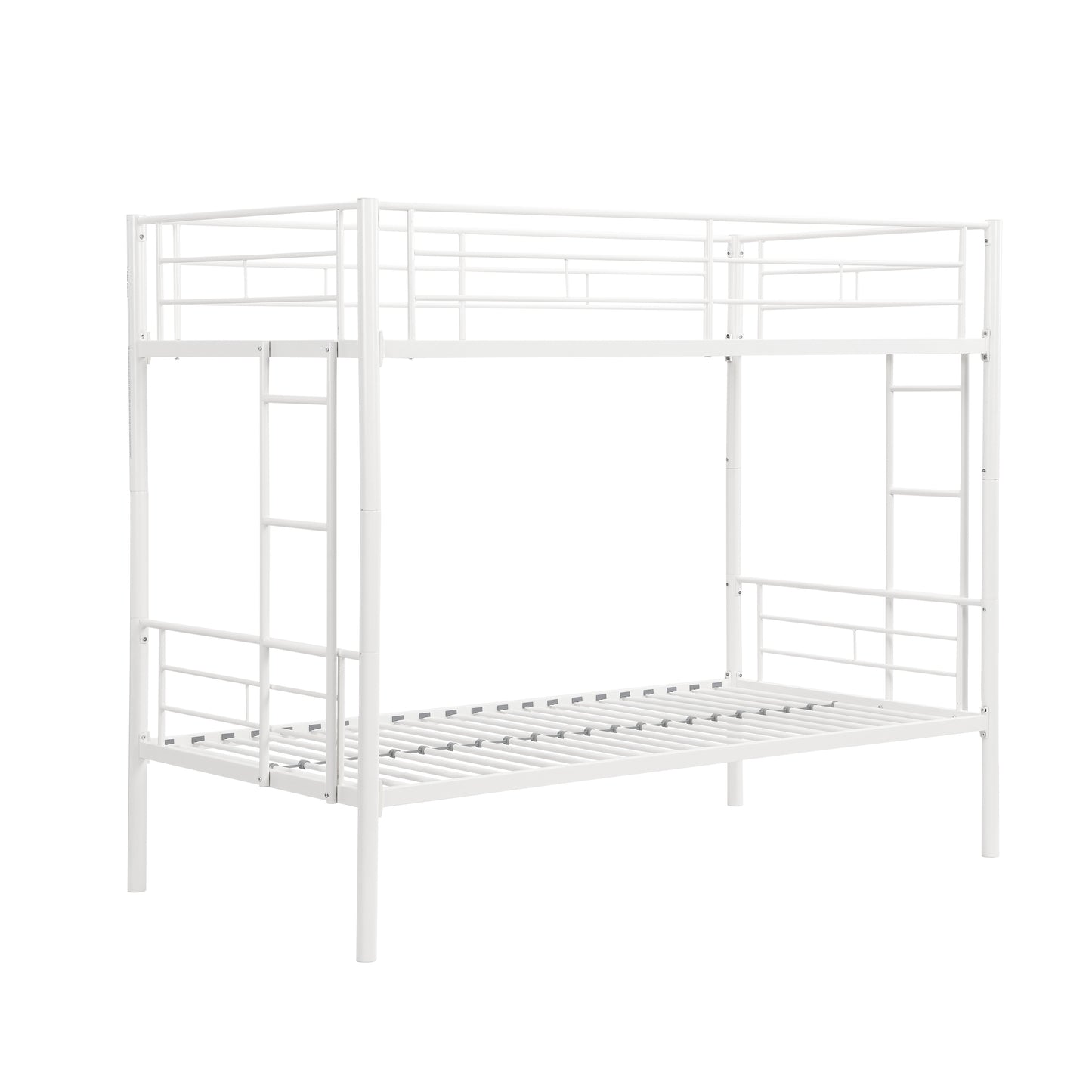 Twin metal bunk beds, metal structure bed frame with safety guardrails and 2 ladders, convertible bunk beds, white
