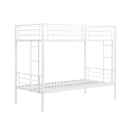 Twin metal bunk beds, metal structure bed frame with safety guardrails and 2 ladders, convertible bunk beds, white