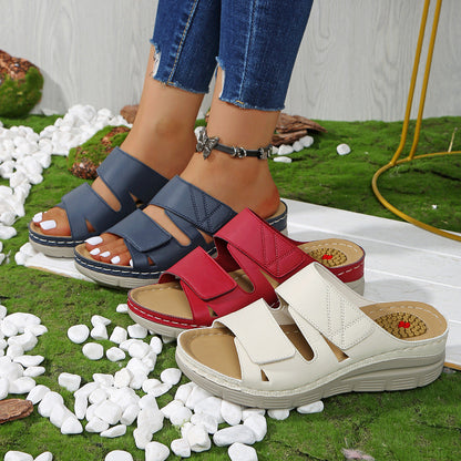 Fish Mouth Thick Bottom Slope with Beach One Line Velcro Summer Leaky Toe Beach Sandals Female