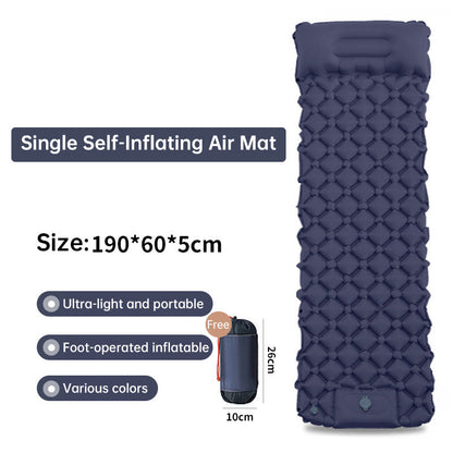 Outdoor double inflatable sleeping pad – with built-in pillow & pump, for camping, backpacking, hiking.