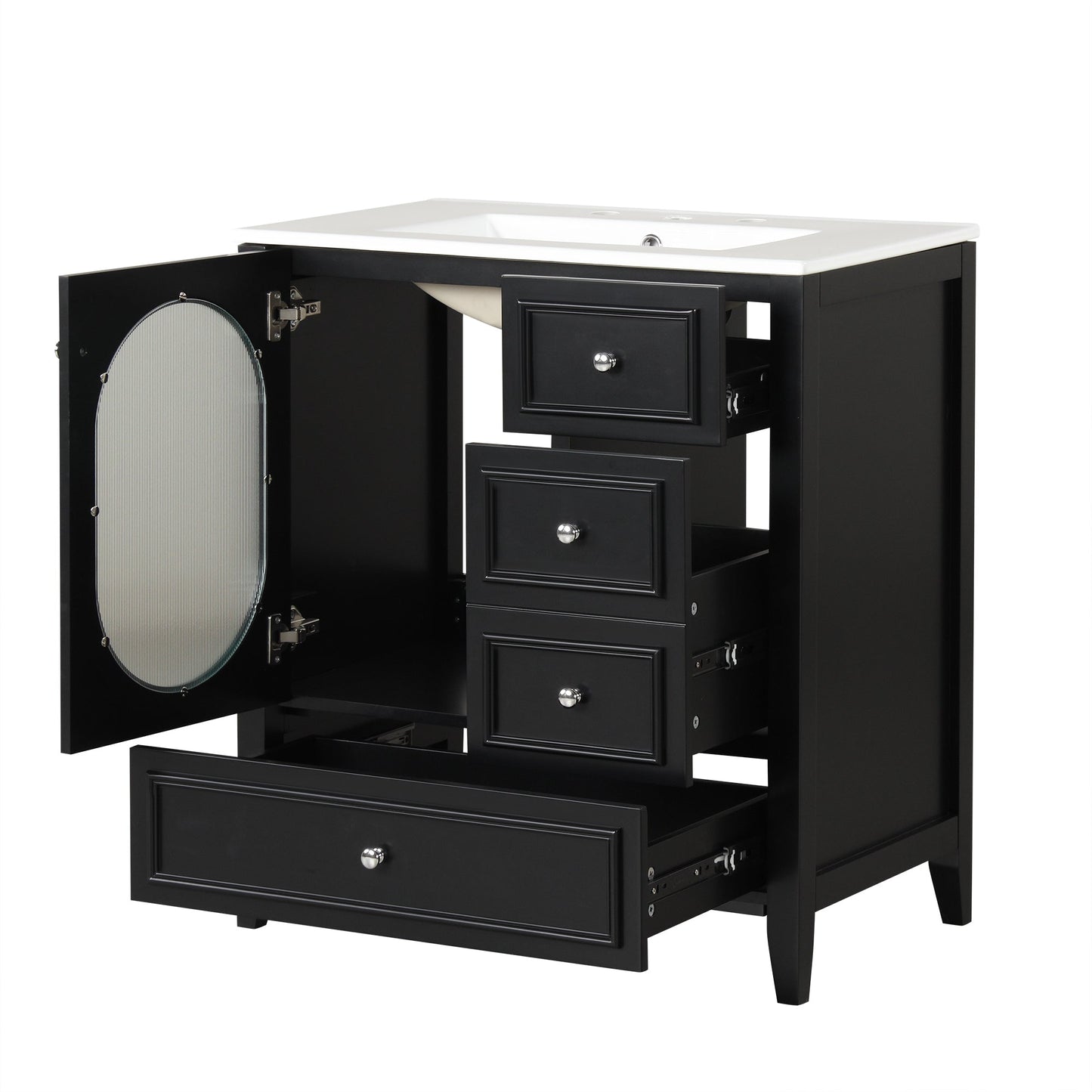 30" Bathroom Vanity with Sink, Bathroom Vanity Cabinet with Three Drawers and Door, Solid Wood and MDF, Black