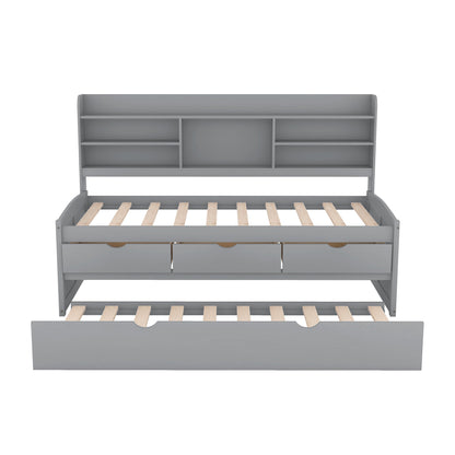 Twin Size Wooden Captain Bed with Built-in Bookshelves,Three Storage Drawers and Trundle Light Grey