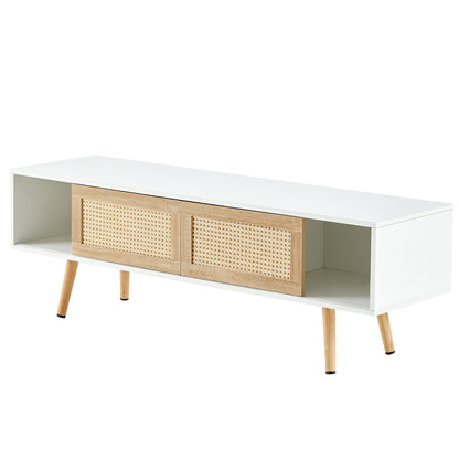 55.12" Rattan TV cabinet double sliding doors for storage adjustable shelf solid wood legs TV console for living room  White