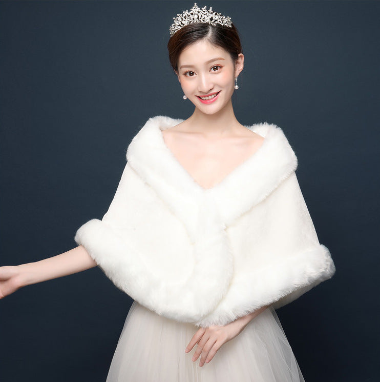 Bride's wedding dress fur shawl women's warm white cloak cheongsam jacket red cloak