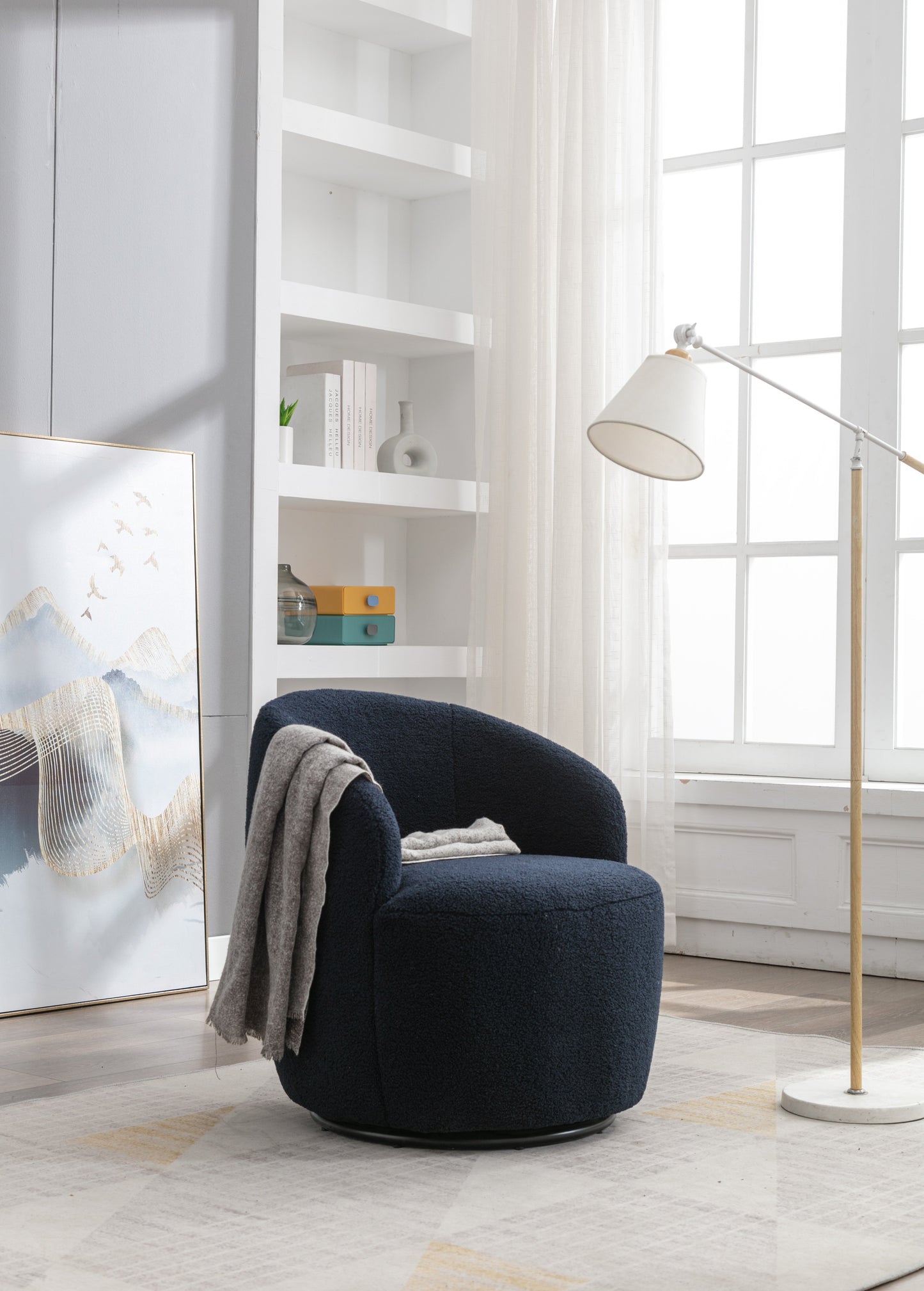 Teddy Fabric Swivel Accent Armchair Barrel Chair With Black Powder Coating Metal Ring Dark Blue