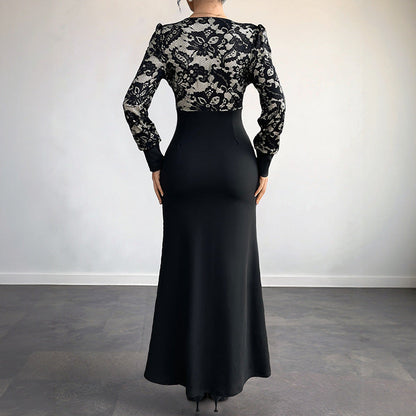 Sexy Retro Lace Splicing Long Sleeve V-neck Dress for Evening and Date