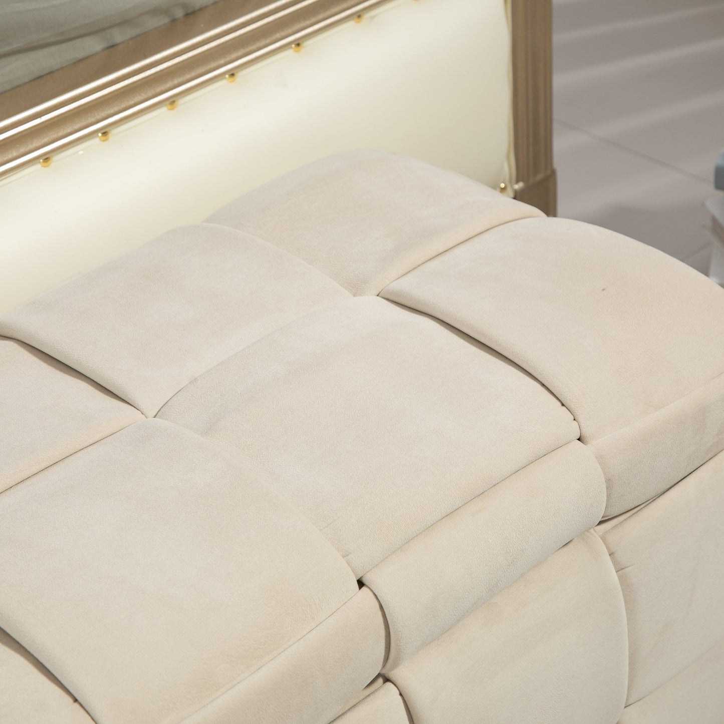 COOLMOR storage Ottoman chair, bedroom end stool, cushioned fabric entrance cushioned footstool with safety hinge (beige)