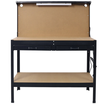 Steel Workbench Tool Storage Work Bench Workshop Tools Table W/Drawer and Peg Board ,4xAC outlets 2xUSB Ports