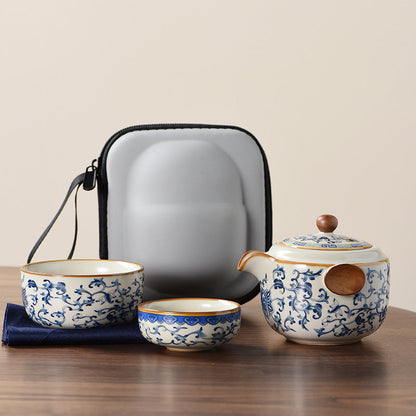 Blue and white beige Ru kiln travel tea set one pot three cups outdoor portable entwined lotus ceramic retro teapot