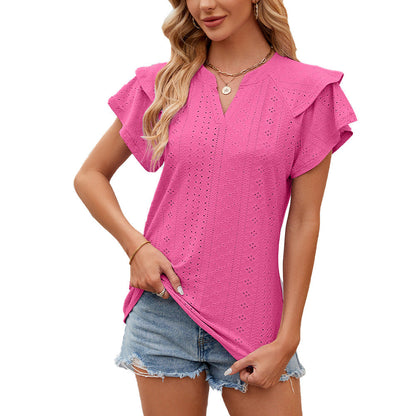 Solid Color Double-layer Sleeve V-neck Loose Short Sleeve T-shirt Top