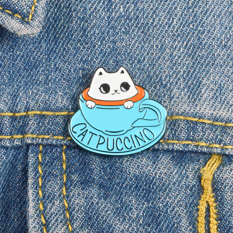 Blue Teacup White Cat Coffee Brooch