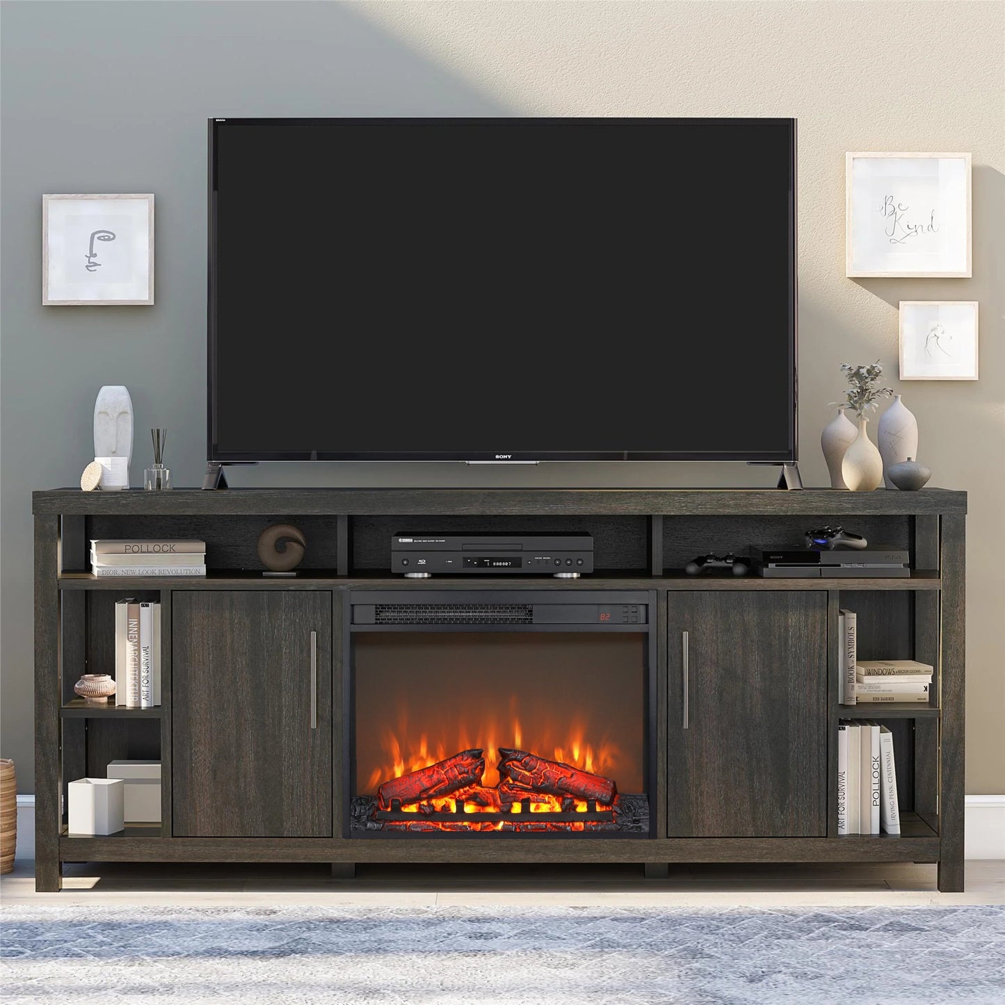 23 inch electric fireplace insert ultra thin heater with log set & realistic flame remote control