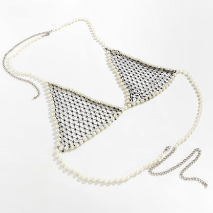 Women's sexy and simple imitation pearl woven chest chain set, new creative fishing net waist chain