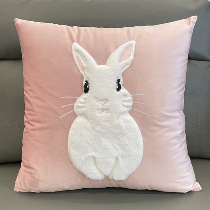 Soft Rabbit Pillow Cover Sofa Cushion Velvet Embroidered Pillow Girl's Heart Pink Cartoon Pillow Cover Cute