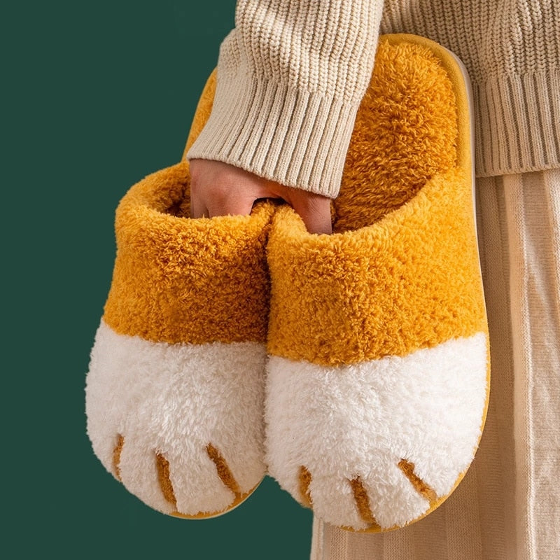Winter House Warm Fur Slipers For Women Cute Cat paw Designer Bedroom Warm Plush Shoes Non-slip Indoor Women Furry Slippers