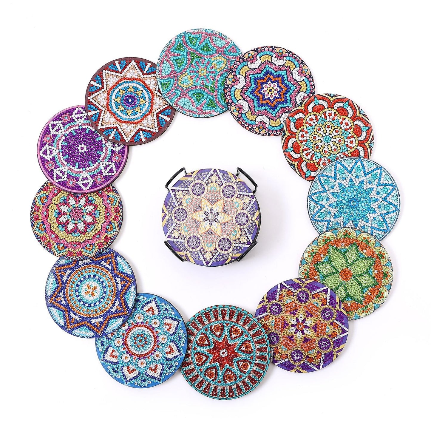 New DIY Diamond Painted Coaster Mat Set of 12 with Datura Pattern (Free Storage Shelf)