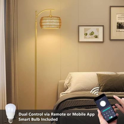 Arc Floor Lamp with 3 Color Temperatures, LED Gold Floor Lamp with Remote & Stepless Dimmable Bulb, Boho Standing Lamp