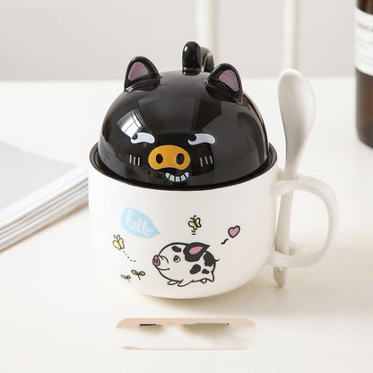 Cartoon Office Ceramic Mug With Lid Spoon