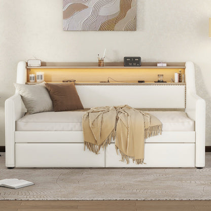 Twin Size Daybed with Drawers, Upholstered Daybed with Charging Station and LED Lights, White