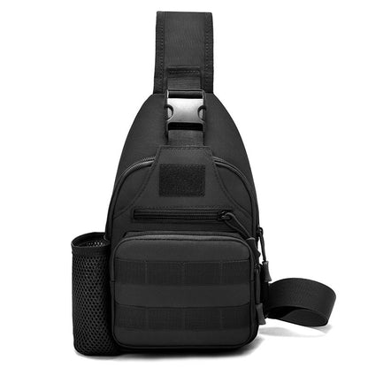 Tactical crossbody sling backpack. Has water bottle holder, MOLLE system, USB charging port. Ideal for travel and walks. Cp Camo