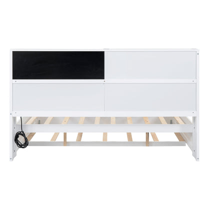 Full Size Daybed with Storage Shelves, Blackboard, Cork board, USB Ports and Twin Size Trundle  White