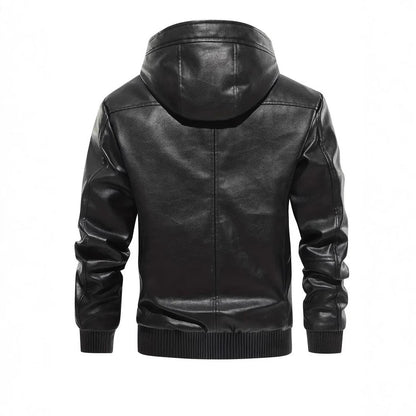 Winter Fleece-lined Men's Casual All-matching Hooded Leather Coat Coat