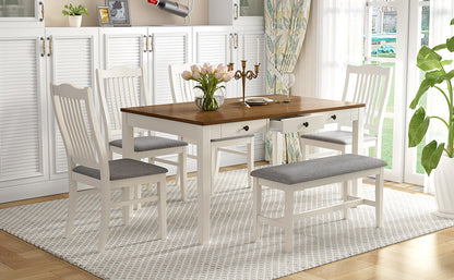 TOPMAX Mid-Century 6-Piece Wood Dining Table Set, Kitchen Table Set with Drawer  Upholstered Chairs and Bench  Butter Milk