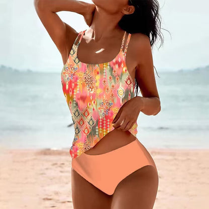Digital Printed Shoulder Strap Tankini High Waist Triangle Pants Split Swimsuit for Women