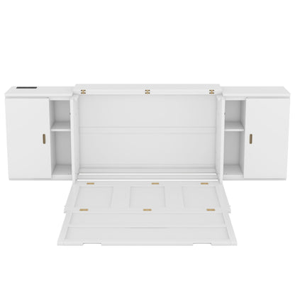 Full Size Murphy Bed with Shelves, Cabinets and USB Ports,White