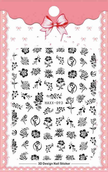 Black Butterfly Nails Stickers White Flower Adhesive