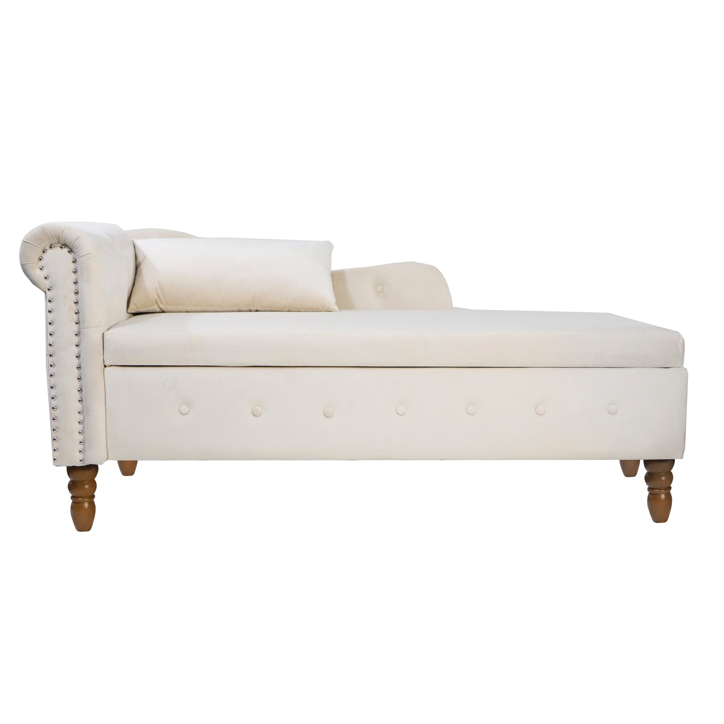 Beige Chaise Lounge Indoor Velvet Lounge Chair for Bedroom with Storage & Pillow Modern Upholstered Rolled Arm Chase Lounge