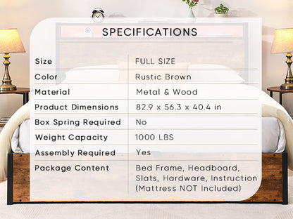 Elevating storage bed frame, full-size bed frame with bookshelf headboard and LED lights, with country brown color