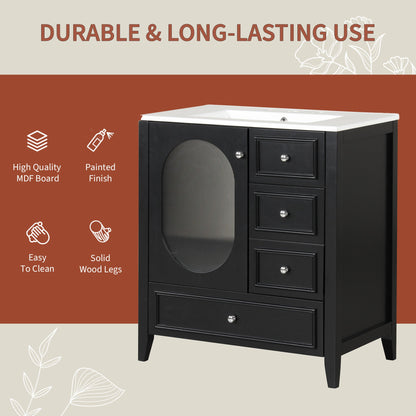 30" Bathroom Vanity with Sink, Bathroom Vanity Cabinet with Three Drawers and Door, Solid Wood and MDF, Black