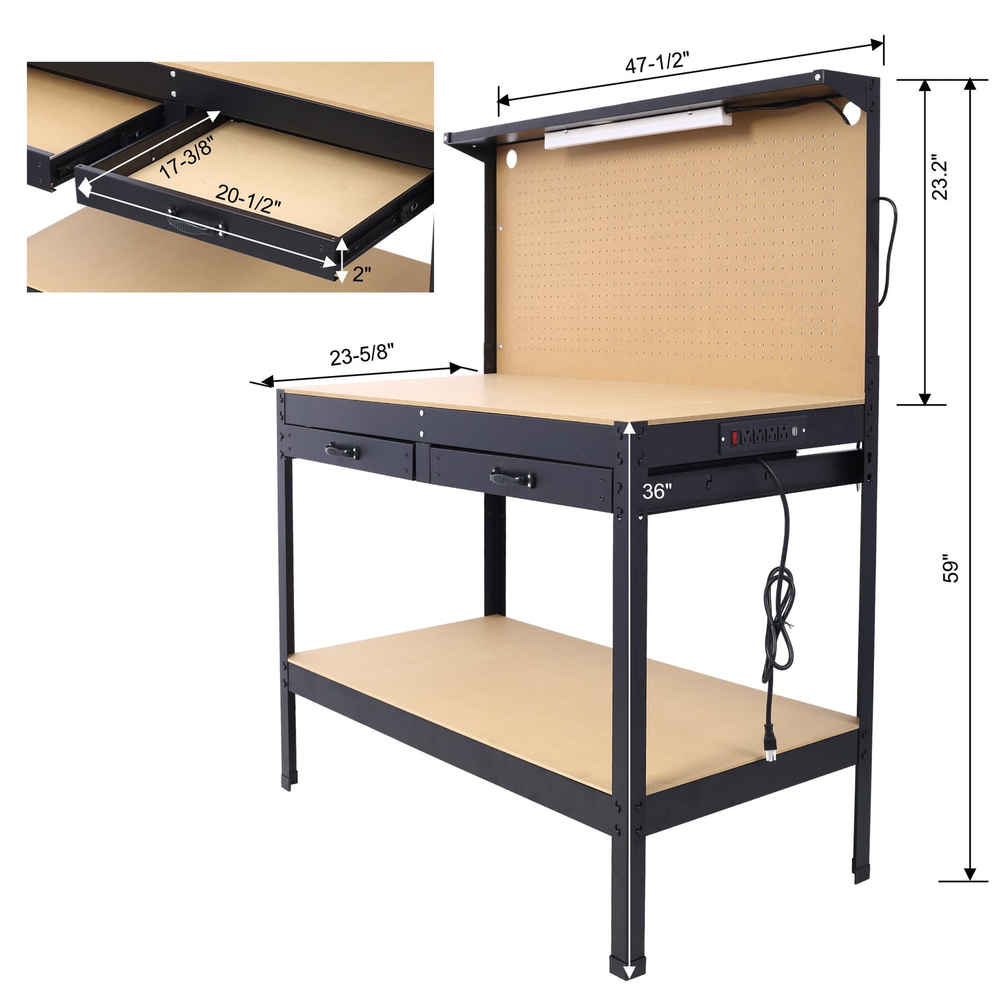 Steel Workbench Tool Storage Work Bench Workshop Tools Table W/Drawer and Peg Board ,4xAC outlets 2xUSB Ports