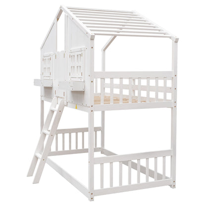 Twin over Twin House Bunk Bed with Roof , Window, Window Box, Door , with Safety Guardrails and Ladder,White