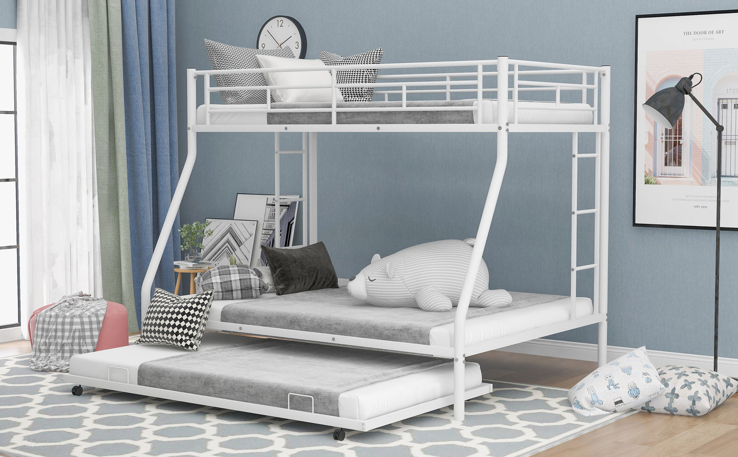 Twin over Full Bed with Sturdy Steel Frame Bunk Bed with Twin Size Trundle  Two-Side Ladders  White