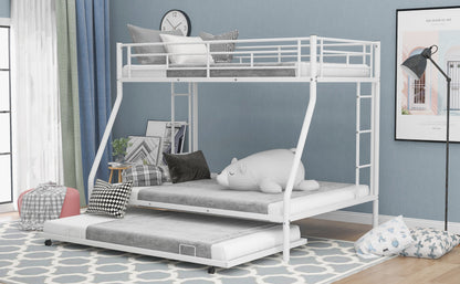 Twin over Full Bed with Sturdy Steel Frame Bunk Bed with Twin Size Trundle  Two-Side Ladders  White