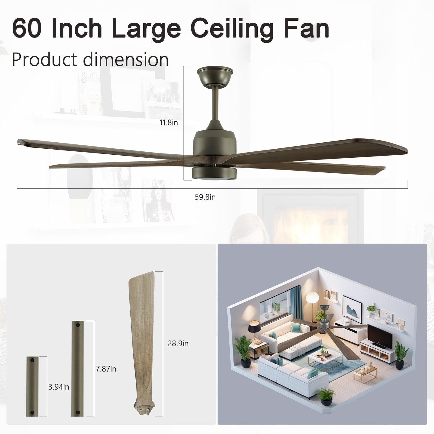 60 "modern wooden ceiling fan with lighting and remote control, 6-speed noiseless reversible DC motor ceiling fan