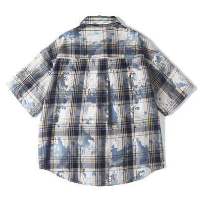 Tie dye printed plaid wide cut shirt