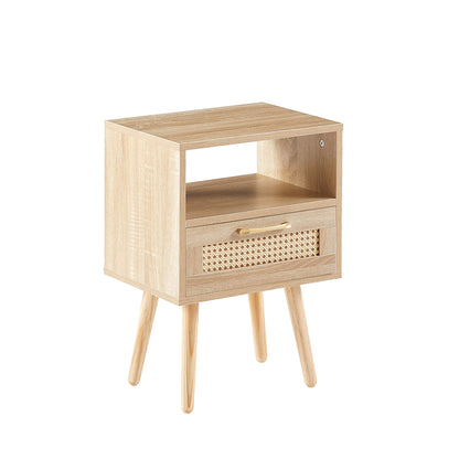 15.75" Rattan End table with drawer and solid wood legs Modern nightstand side table for living room natural