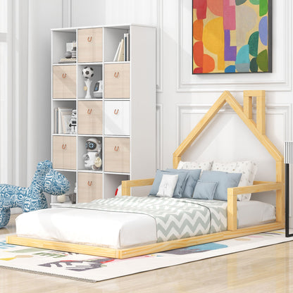 Twin Size Wood Floor Bed with House-shaped Headboard   Natural