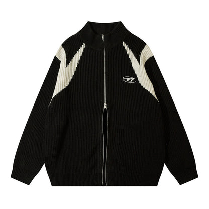 Color Block Zipper Cardigan Sweater Men's Autumn Street Style Stand Collar Long Sleeve Loose Knitwear