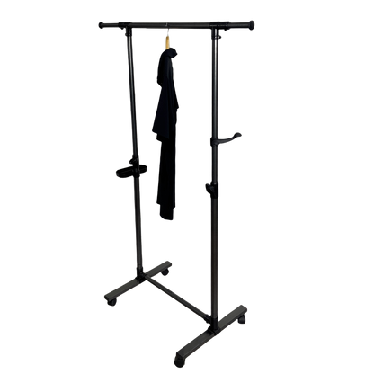 Short clothes hanger with chassis and wheels, heavy-duty rolling clothes hanger, black