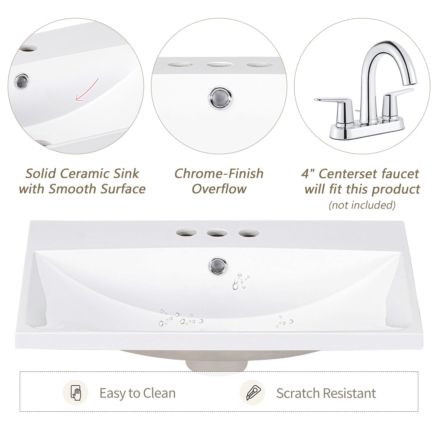 24" Bathroom Vanity Top Only White Basin 3-Faucet Holes  4" Faucet Available Ceramic