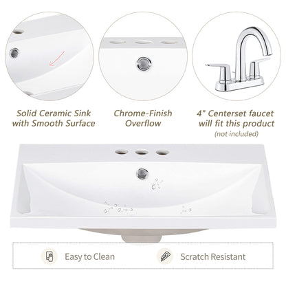 24" Bathroom Vanity Top Only White Basin 3-Faucet Holes  4" Faucet Available Ceramic