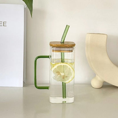 Square colored handle cup glass straw cup with lid milk tea cup with large capacity