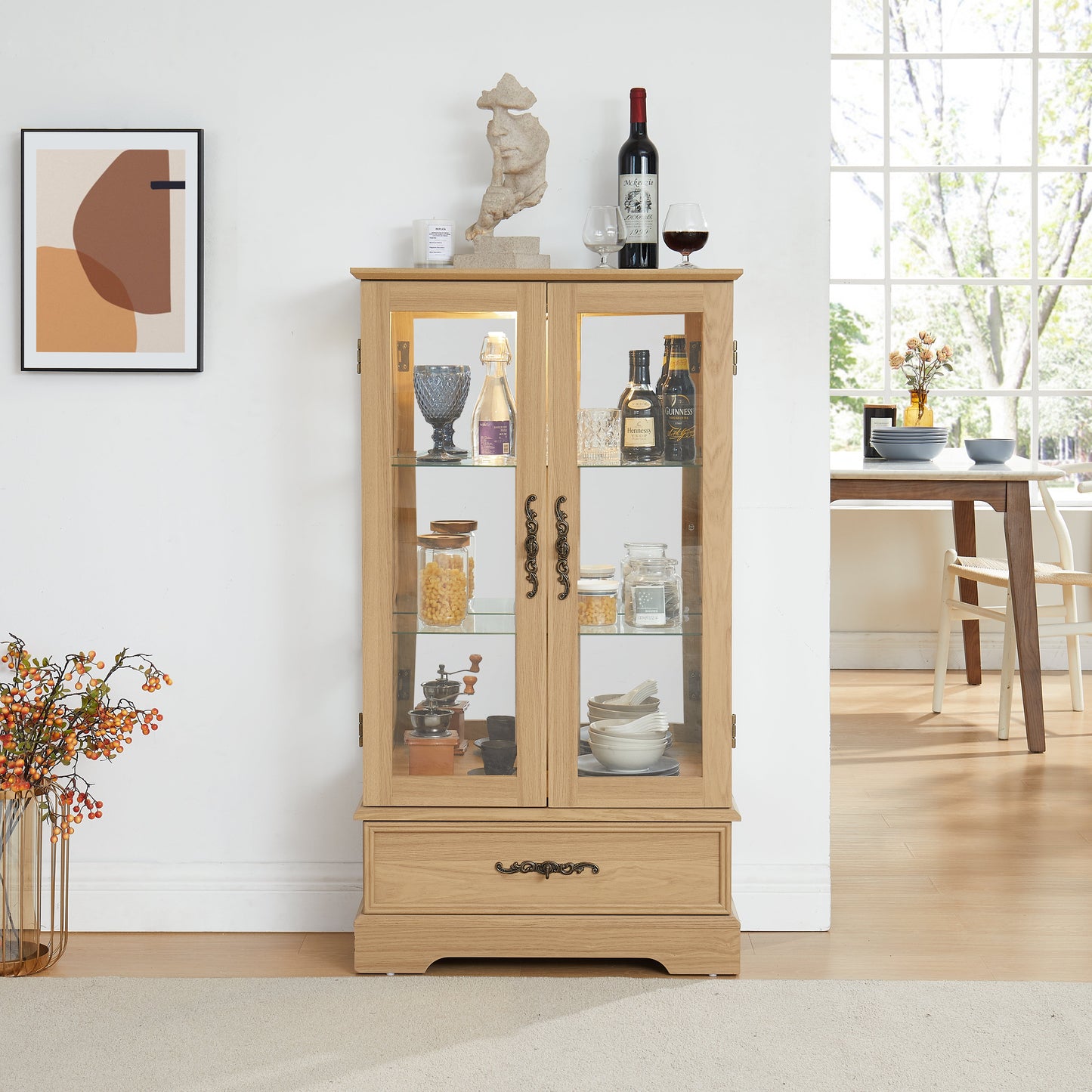 Light colored glass cabinet with adjustable glass frame, including cabinet light bulbs OAK with 2 doors and 1 drawer